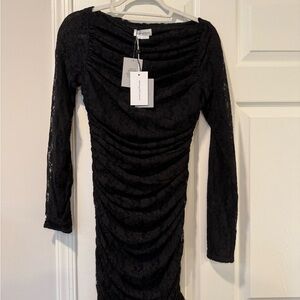 Lovers + Friends Black Lace Ruched Long Sleeve Dress